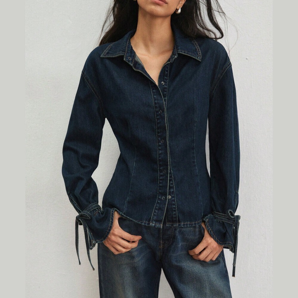 Dark Wash Denim Tie Cuff Slim Fitted Button Up Shirt